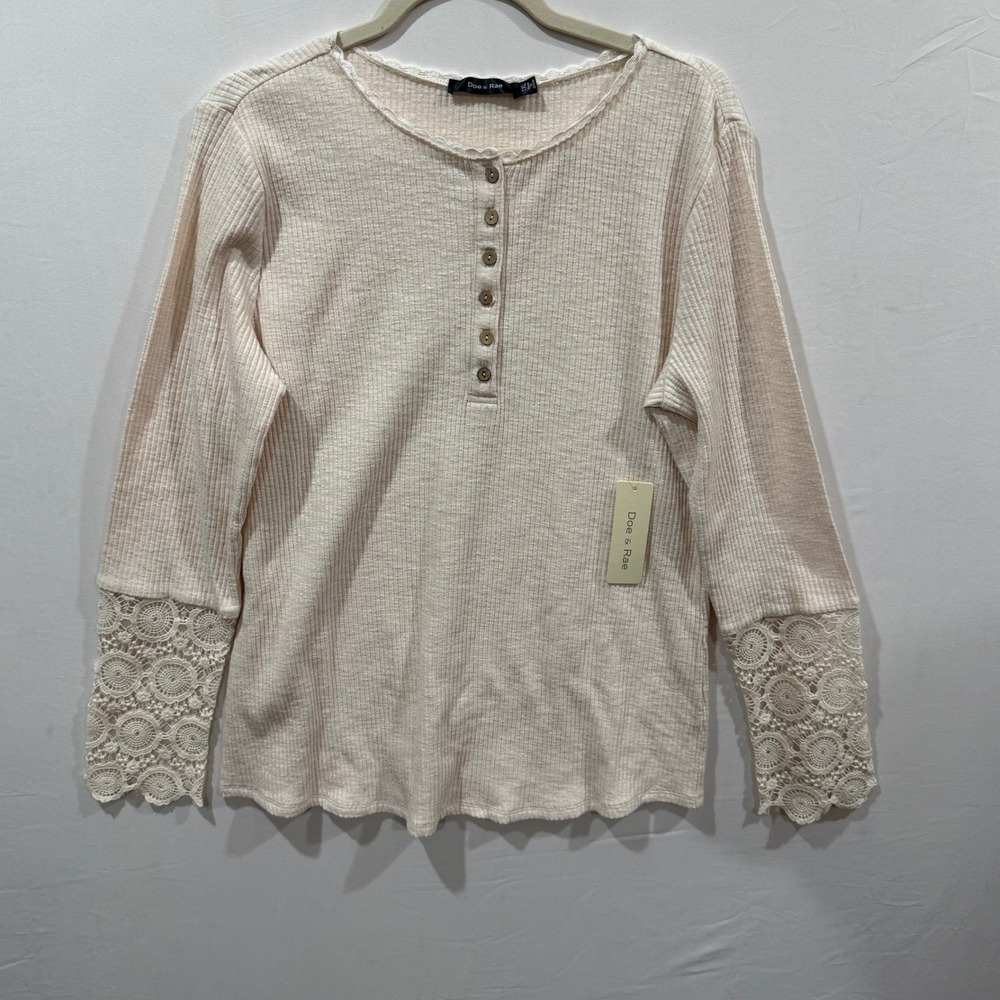 Doe & Rae Cream Ribbed Henley Top with Crochet Lace Cuffs 1XL NWT 11447TPL